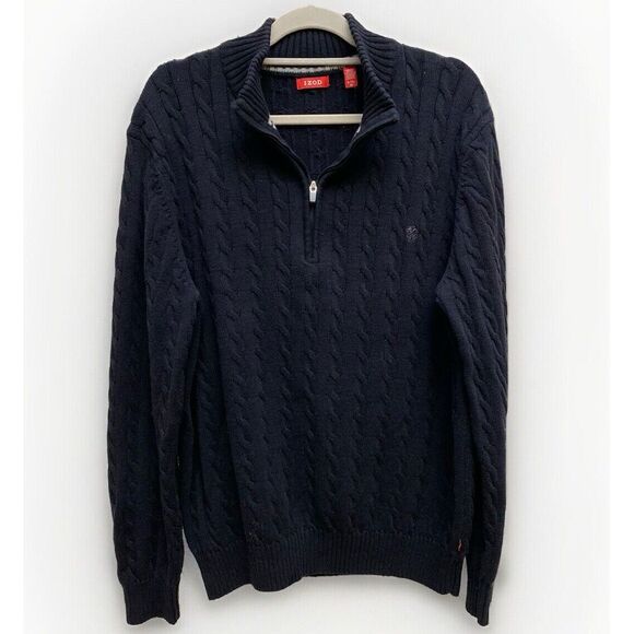 IZOD Mens XL Black 1/4 Zip Pullover Cable‎ Knit Sweater Holiday Winter Preppy - Picture 1 of 7
